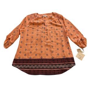 Croft & Barrow Women's Button-Up Blouse with Roll-Tab Sleeves XL Peach Color